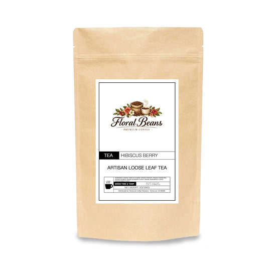 Hibiscus berry tea packaging featuring artisan loose leaf tea from Floral Beans for refreshing berry flavor.
